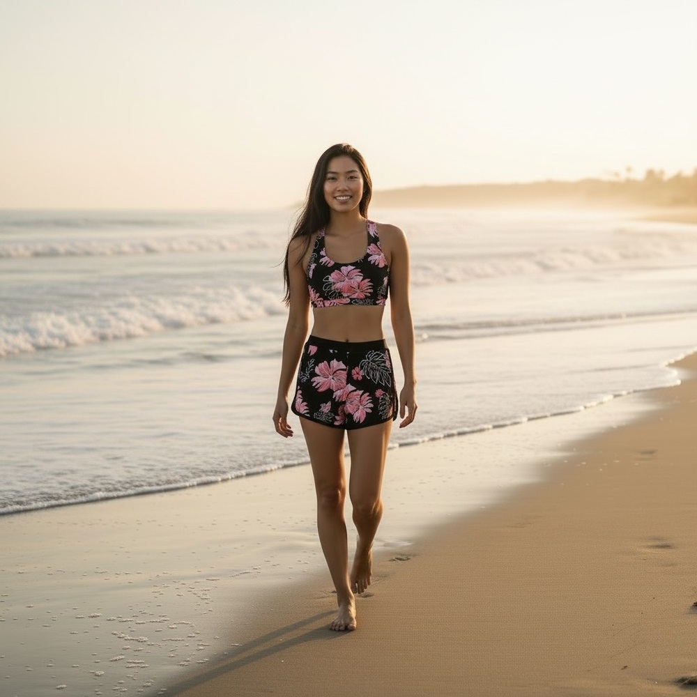 Black Floral Sports Bikini Set with Pink Hibiscus Print SZ Small